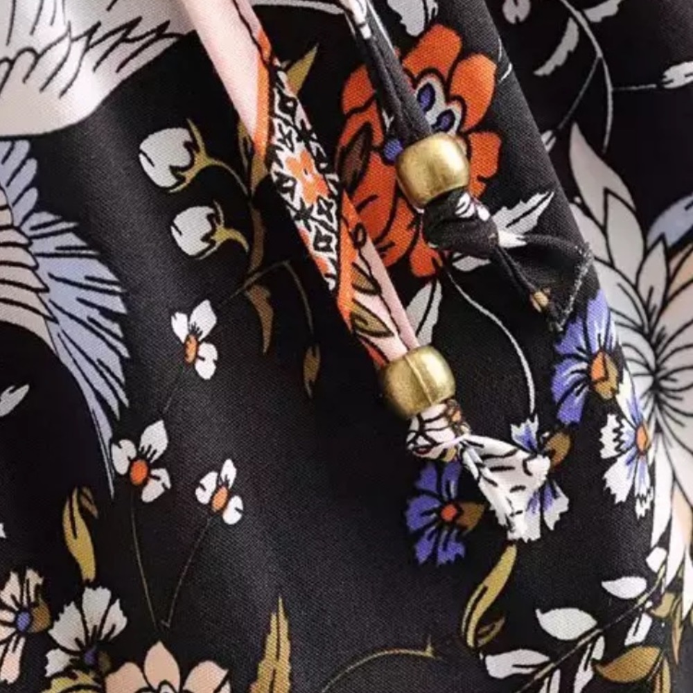 Boho Floral Crane Gypsy Print Dress Black Orange - Picture 11 of 13